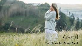  Presentation with green travel - PPT theme consisting of portrait-happy-woman-enjoying-sunset background and a mint green colored foreground