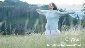  Presentation with green travel - Cool new theme with portrait-happy-woman-enjoying-sunset backdrop and a mint green colored foreground