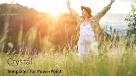  Presentation with green travel - Presentation theme enhanced with portrait-happy-woman-enjoying-sunset background and a yellow colored foreground