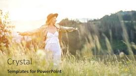  Presentation with green travel - Audience pleasing theme consisting of portrait-happy-woman-enjoying-sunset backdrop and a yellow colored foreground