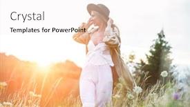  Presentation with green travel - Cool new presentation theme with portrait-happy-woman-enjoying-sunset backdrop and a white colored foreground