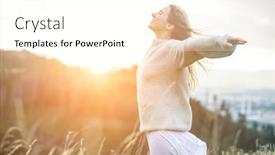  Presentation with green travel - Amazing slide deck having portrait-happy-woman-enjoying-sunset backdrop and a cream colored foreground