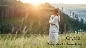  Presentation with green travel - Slide set having portrait-happy-woman-enjoying-sunset background and a yellow colored foreground