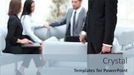  Presentation with lawyer - Beautiful slide deck featuring portrait in full growth experienced lawyer in the background of the office backdrop and a light blue colored foreground