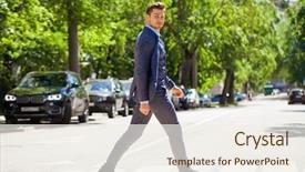  Presentation with pedestrian crossing - Colorful PPT theme enhanced with portrait in full growth backdrop and a sky blue colored foreground