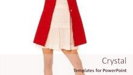  Presentation with growth - Presentation theme enhanced with portrait in full growth of a beautiful young brunette woman in red autumn coat isolated on white background background and a sky blue colored foreground