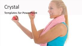  Presentation with fitness clothing - Colorful presentation enhanced with portrait mature woman in fitness clothing with dumbbells isolated over white background backdrop and a sky blue colored foreground
