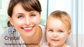  Presentation with portrait happy family smiling - PPT theme enhanced with portrait mom and her child background and a coral colored foreground