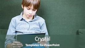  Presentation with new years - Colorful slides enhanced with portrait of 12 years boy wearing casual clothing using new touch pad at home backdrop and a ocean colored foreground