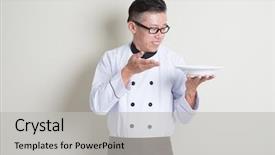  Presentation with cooking chef - Presentation design having portrait of 50s mature asian male chef in uniform presenting his cooking dish standing on plain background with shadow copy space background and a light gray colored foreground