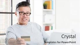  Presentation with senior asian - Colorful PPT theme enhanced with portrait of 50s mature asian man using computer paying bill with credit card sitting on sofa at home senior retiree indoors living lifestyle backdrop and a sky blue colored foreground