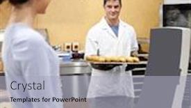  Presentation with queue - Beautiful presentation featuring portrait of a baker holding bread and baguette smiling at a customer in the queue in a cafeteria backdrop and a light gray colored foreground