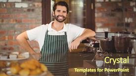  Presentation with machine shop - Presentation featuring portrait of a barista leaning background and a tawny brown colored foreground