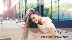  Presentation with girl teens - Colorful presentation theme enhanced with portrait of a beatiful laughing backdrop and a  colored foreground