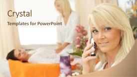  Presentation with beauty shop - PPT theme featuring portrait of a beautician recieving phone calls in the beauty shop background and a lemonade colored foreground
