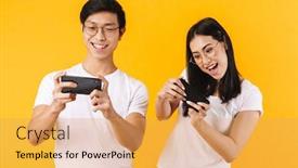  Presentation with mobile games - Beautiful slides featuring portrait-of-a-beautiful-cheerful backdrop and a yellow colored foreground