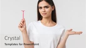  Presentation with blade - Slide deck featuring portrait of a beautiful confused young woman casualy dressed standing isolated over white background showing razor blade background and a lemonade colored foreground