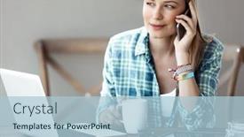  Presentation with phone - Presentation design enhanced with portrait-of-a-beautiful-female background and a light blue colored foreground