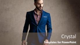  Presentation with navy - Audience pleasing slide set consisting of portrait of a beautiful formal business man wearing a navy suit standing and looking down pensive against gray studio background backdrop and a gray colored foreground
