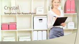  Presentation with office life - Presentation theme featuring portrait of a beautiful friendly businesswoman making notes on her papers office life background and a cream colored foreground