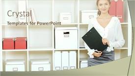  Presentation with office life - PPT theme with portrait of a beautiful friendly businesswoman making notes on her papers office life background and a cream colored foreground