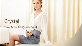  Presentation with office life - PPT layouts having portrait of a beautiful friendly businesswoman making notes on her papers office life background and a cream colored foreground