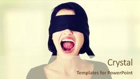  Presentation with beautiful young woman getting face - PPT theme featuring portrait of a beautiful frighten young blindfold woman screaming background and a cream colored foreground