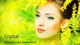  Presentation with beautiful spring flowers - Beautiful PPT theme featuring portrait of a beautiful girl with mimosa flowers spring backdrop and a yellow colored foreground