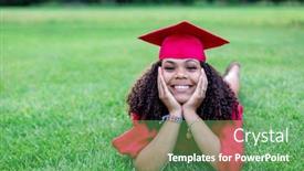  Presentation with graduation - Cool new PPT theme with portrait of a beautiful multiethnic woman in her graduation cap and gown smiling and cheerful as she poses lying in the grass backdrop and a seafoam green colored foreground