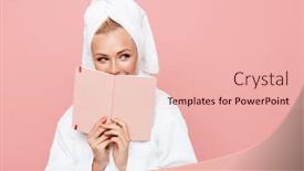  Presentation with diary - Presentation design featuring portrait of a beautiful smiling young blonde woman dressed in bathrobe wearing a towel standing isolated over pink background holding a diary background and a lemonade colored foreground