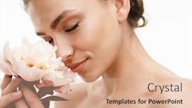  Presentation with white flowers - Colorful presentation theme enhanced with portrait-of-a-beautiful-smiling backdrop and a coral colored foreground