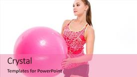  Presentation with ball sports - Presentation design having portrait of a beautiful sports woman holding fitness ball isolated on a white background background and a coral colored foreground