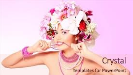  Presentation with beautiful spring flowers - Beautiful presentation theme featuring portrait of a beautiful spring girl wearing flowers hat studio shot backdrop and a lemonade colored foreground