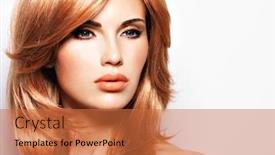  Presentation with glamour - Amazing presentation theme having portrait of a beautiful woman with long straight red hair and glamour makeup fashion model over white background backdrop and a red colored foreground