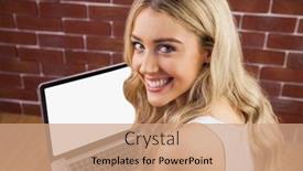  Presentation with social isolation - Amazing PPT layouts having portrait of a beautiful woman with laptop on her knee siting on the floor working from home in quarantine lockdown social distancing self isolation backdrop and a coral colored foreground