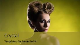  Presentation with haircut - Theme with portrait of a beautiful woman with a bizarre haircut over bright background background and a gold colored foreground
