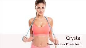 Presentation with sports wear - Presentation design enhanced with portrait of a beautiful woman in sports wear standing with skipping rope isolated on a white background background and a lemonade colored foreground