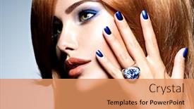  Presentation with nails - PPT theme having portrait of a beautiful woman with blue nails blue makeup and red hairs at studio background and a coral colored foreground