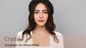  Presentation with camera - Slides with portrait of a beautiful young woman wearing beret standing isolated over gray background looking at camera background and a coral colored foreground