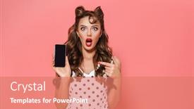  Presentation with blank portrait a4 - Slide set featuring portrait of a beautiful young pin-up girl wearing dress standing isolated over pink background showing blank screen mobile phone background and a coral colored foreground