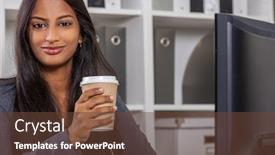  Presentation with indian tea - Presentation design featuring portrait of a beautiful young asian indian woman or businesswoman in office using a computer and drinking takeout tea or coffee background and a tawny brown colored foreground