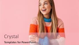  Presentation with pink - Amazing presentation design having portrait of a beautiful young lovely girl wearing sweater standing isolated over pink background arms folded looking away backdrop and a lemonade colored foreground