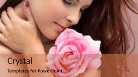  Presentation with hair spa - Presentation theme enhanced with portrait of a beautiful young brunette woman wearing long loose curly hair posing with a pink flower against grey studio background spa concept background and a red colored foreground