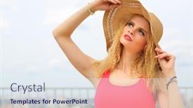  Presentation with straw - PPT theme consisting of portrait of a beautiful young woman in a stylish straw hat with fields against the sky background and a sky blue colored foreground