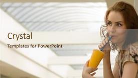  Presentation with juice - Presentation theme with portrait of a beautiful young woman with a glass of juice in shopping center background and a sky blue colored foreground