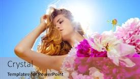  Presentation with cosmetics beauty - Colorful PPT layouts enhanced with portrait of a beautiful young woman with a bouquet of fresh summer flowers over blue sky beauty cosmetics summer vacation backdrop and a coral colored foreground