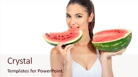 Presentation with eating - Slides with portrait of a beautiful young woman eating watermelon isolated over white background background and a lemonade colored foreground