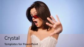  Presentation with scary movie - Slide set featuring portrait of a beautiful young woman with stereo glasses looking scary movie background and a coral colored foreground