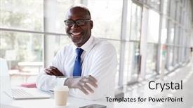  Presentation with desk - Slide deck having portrait of a black businessman background and a light gray colored foreground