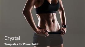  Presentation with exercises - Theme with portrait of a blonde muscular sportswoman doing boxing exercises isolated over gray background background and a dark gray colored foreground